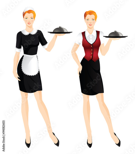 Waitress with tray. Redhead woman in uniform. Pretty woman in french style uniform. 