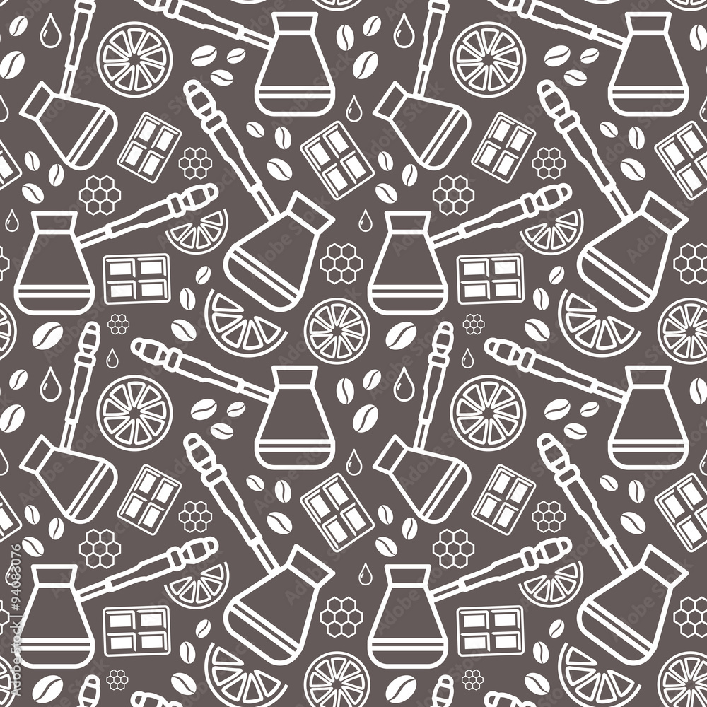 Endless coffee background. Vector seamless pattern of coffee. Isolated on grey background Endless coffee background. Vector seamless pattern of coffee. Isolated on grey background