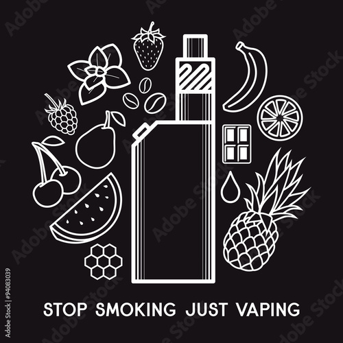 The taste of the electronic cigarette. Vector E-Liquid illustration of different flavor. Isolated on black background