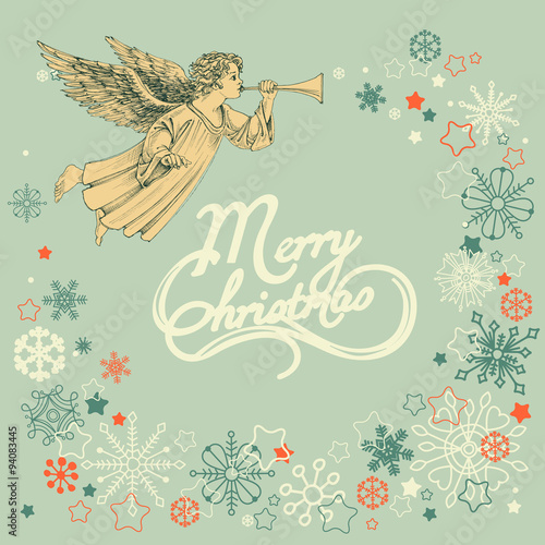 Retro Christmas greeting card, angel and snowflakes frame