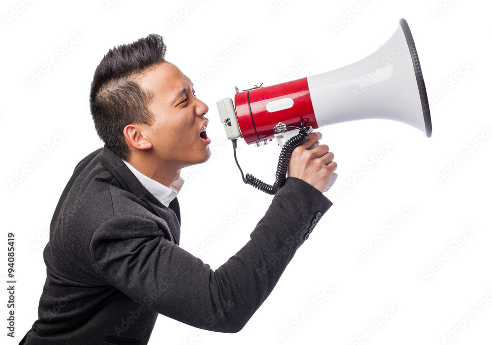 handsome young asian man with a megaphone handsome young asian man with a megaphone
