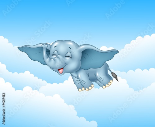 Cute baby elephant flying on cloud background 