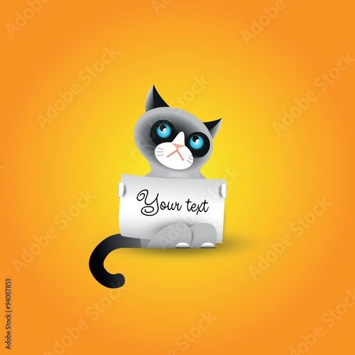 Cute cranky cat with blank paper for your text