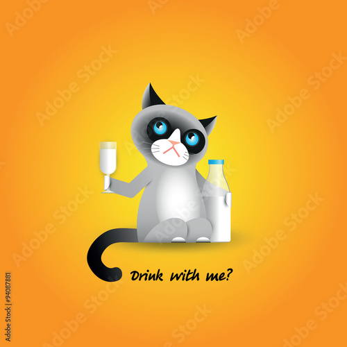 Cute cranky cat with glass and bottle of milk