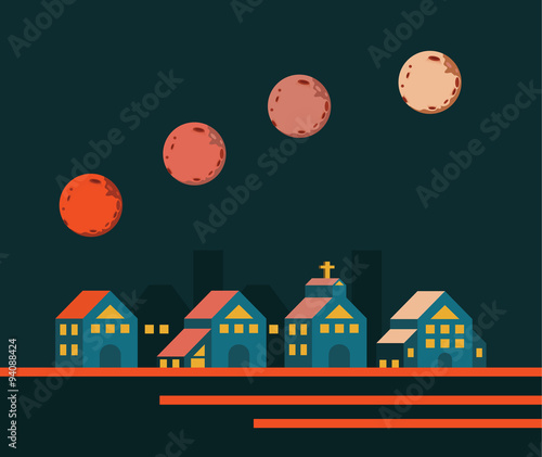 Super moon rising over the City. flat design elements. vector 