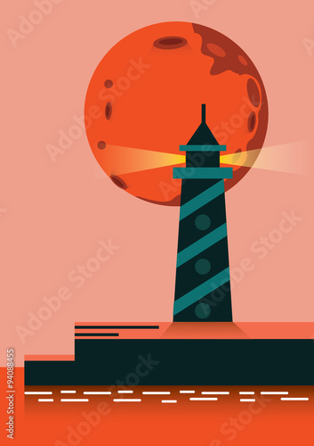 Super moon rising over lighthouse. flat design elements. vector