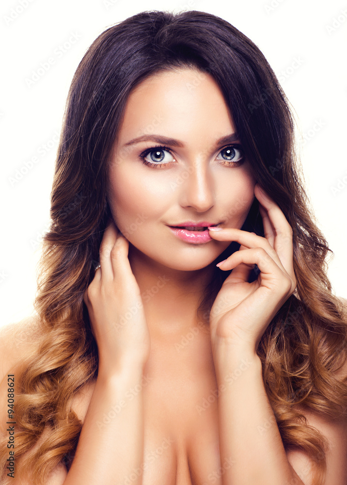 Studio Portrait of Beautiful Model with Long Curly Ombre Hair. Close Up Studio Portrait of Beautiful Model with Long Curly Ombre Hair. Close Up