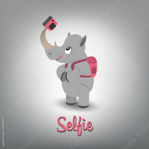 Vector scalable illustration of cute baby rhino traveller with c
