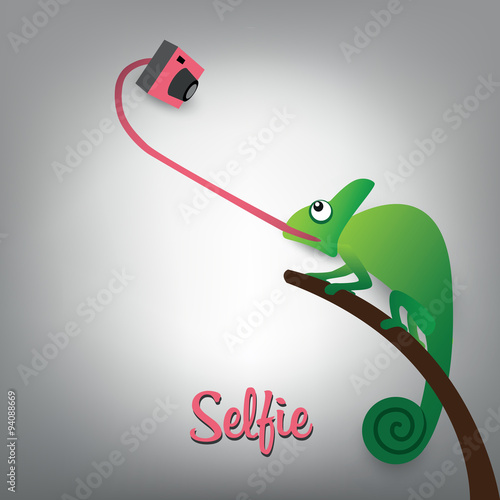 Vector scalable illustration of cute chameleon with camera makes