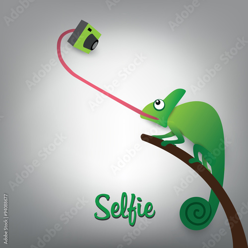 Vector scalable illustration of cute chameleon with camera makes