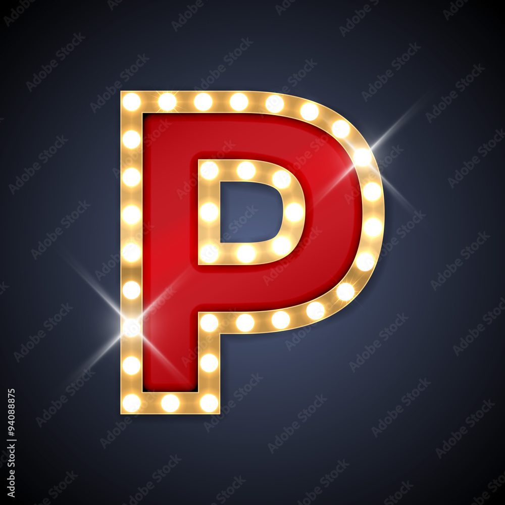 Letter P in shape of retro sing-board with lamps - obrazy, fototapety, plakaty 