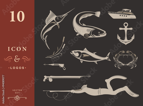 Vector Set of Icons and Signs of Equipment for Spearfishing