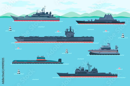 Warship set in flat style