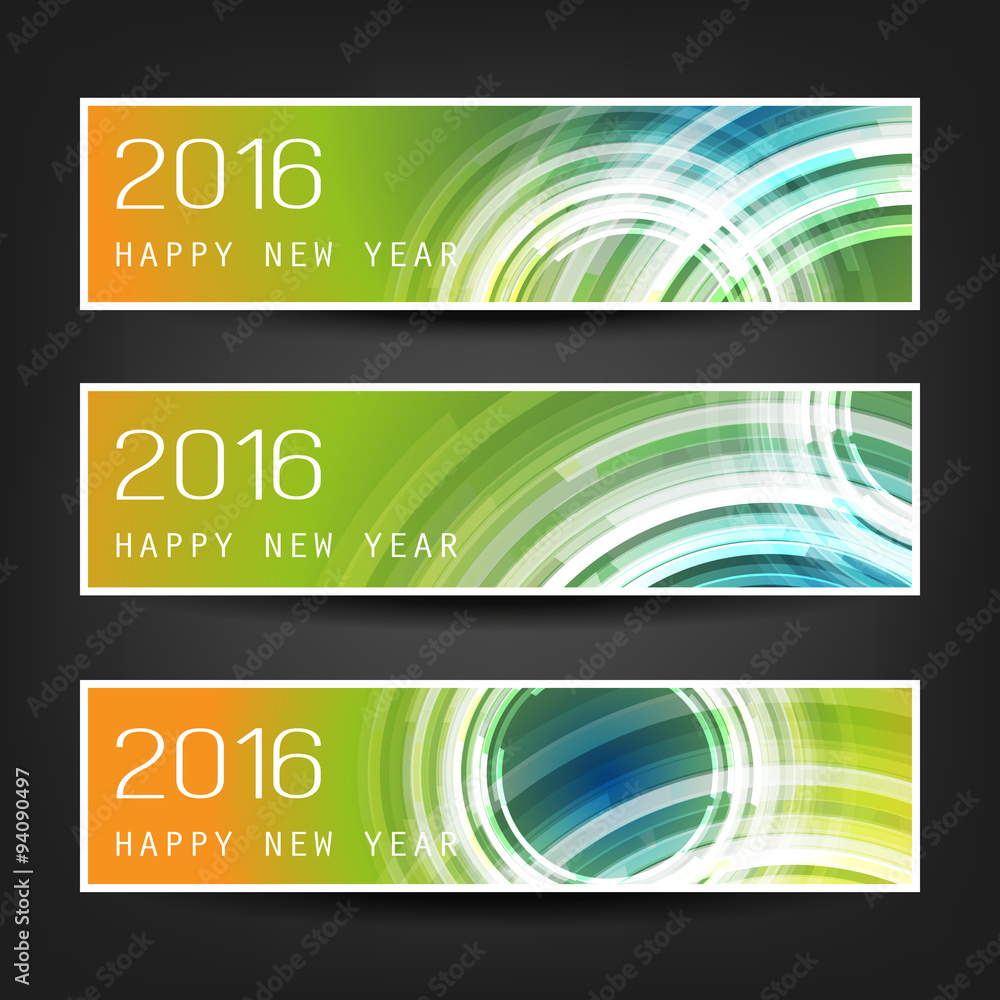 Set of Horizontal New Year Banners - 2016 Version With Colorful Background and Transparent Concentric Circles