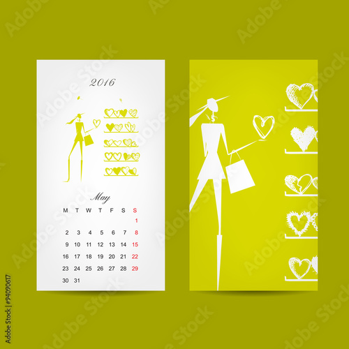 Calendar 2016 grid. Fashion girls design
