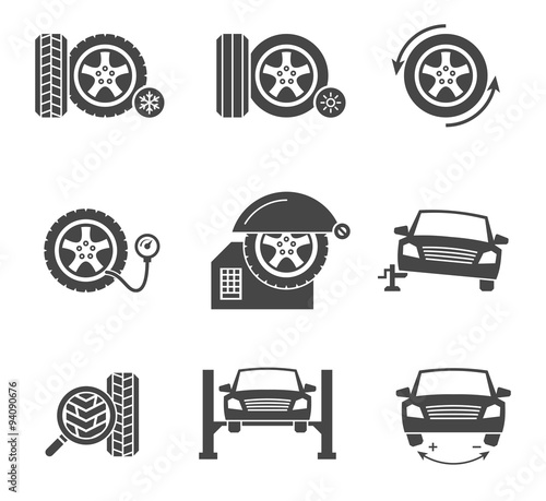 Vector tire wheel service black icons set