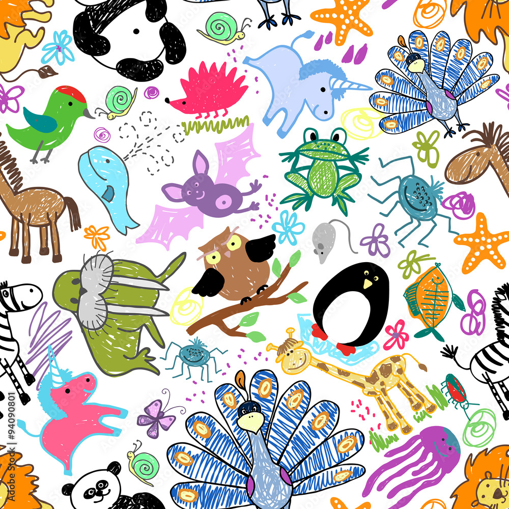 Obraz premium Childrens drawings seamless pattern with animals