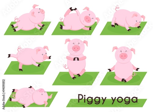 Pig yoga. Cute pig in different yoga poses