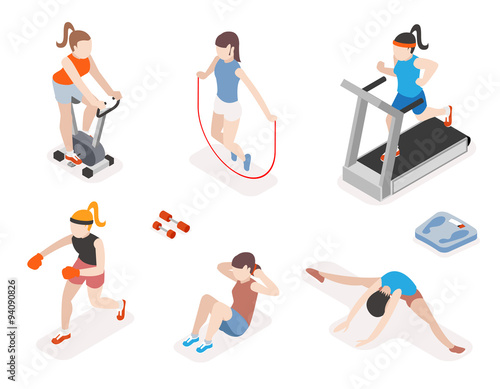 Fitness women in gym, gymnastics workout and yoga exercises. 3d