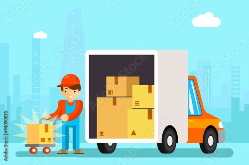 Delivery man unload delivery car boxes
