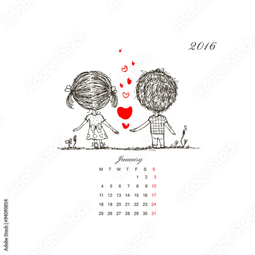Calendar grid 2016 design. Couple in love together