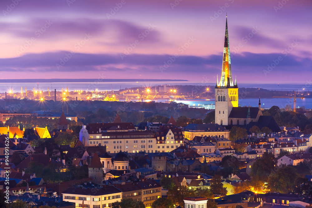 Aerial view old town at sunset, Tallinn, Estonia