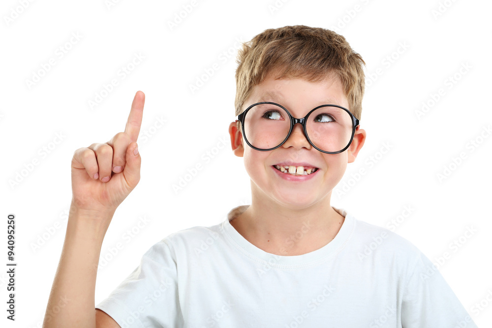 Portrait of happy little boy with eyeglasses on white background Portrait of happy little boy with eyeglasses on white background