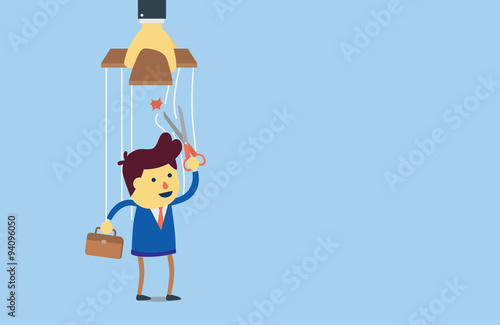 businessman out of control with cut a yarn which some people use control him. this illustration meaning out of work, freelance and freedom life