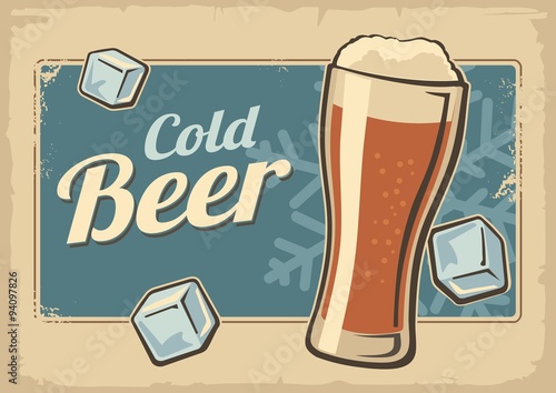 Vintage poster cold beer and ice cubes. Retro label or banner design. Vector old paper texture background. For Emblem, poster, Logo, web, info graphic, horizontal a4.