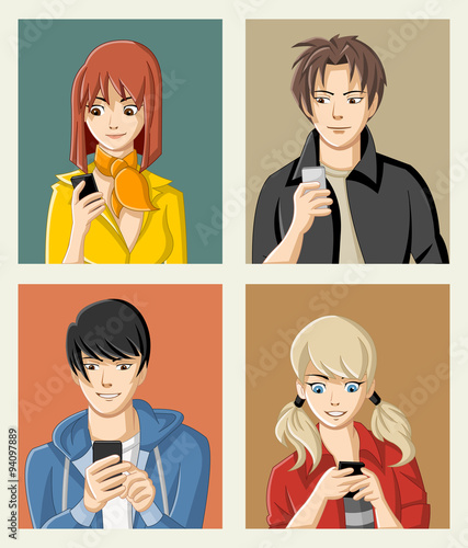 Group of cartoon young people with smart phones. Manga anime teenagers.