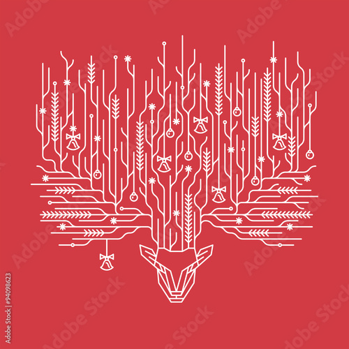 Christmas postcard with decorative lineart deer horns. photo