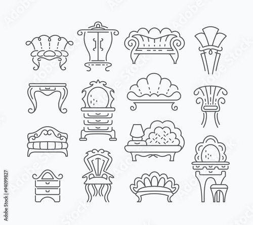 Line set of graphical retro furniture items