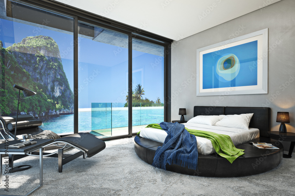 Modern bedroom with a view of a magnificent seaside ocean cove. Photo ...