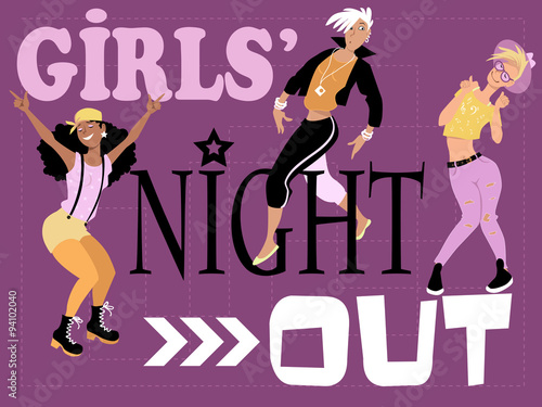 Girls' night out invitation design with three stylish fun young women dancing, EPS 8 vector illustration