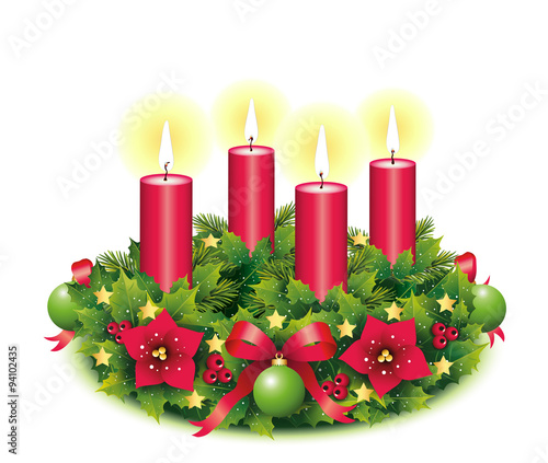 Advent wreath with four burning candles, 
vector illustration isolated on white background, 
