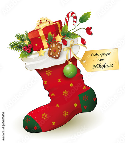 Red Christmas Stocking with gifts,
Vector illustration isolated on white background
