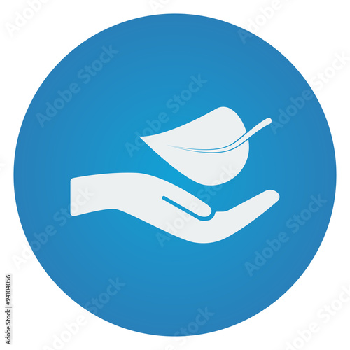 Flat white Leaf In Hand icon on blue circle