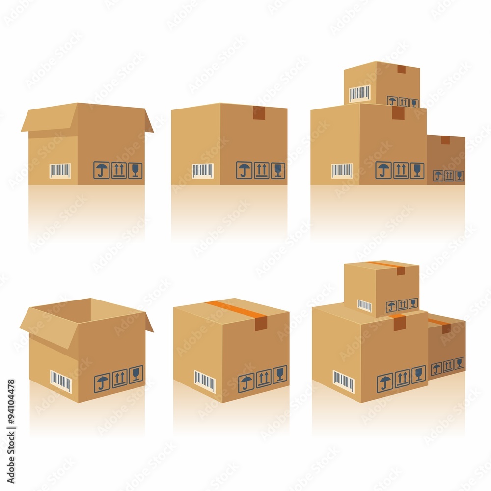 Brown closed and open carton delivery packaging box with fragile signs isolated on white background vector illustration icon. For web, banner, infographic. Brown closed and open carton delivery packaging box with fragile signs isolated on white background vector illustration icon. For web, banner, infographic.