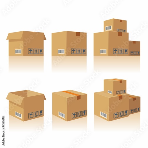 Brown closed and open carton delivery packaging box with fragile signs isolated on white background vector illustration icon. For web, banner, infographic.