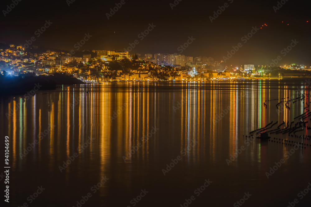 Historic Sibenik waterfront  night photo, UNESCO world heritage site in Dalmatia, Croatia