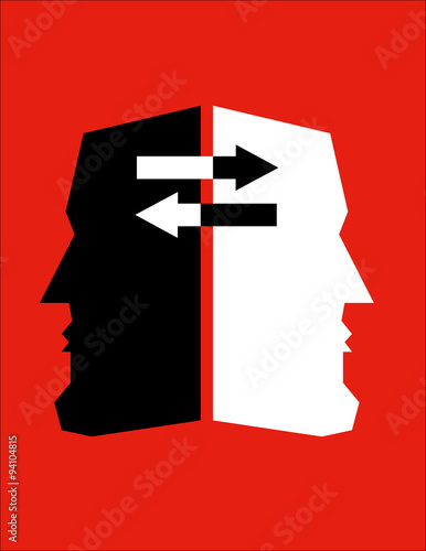 Two heads in black and white opposing each other with arrows indicating two way communication of thoughts