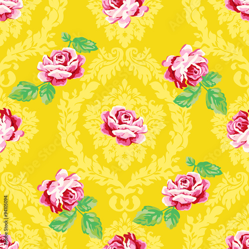 Vintage floral Grandmillenial damask pattern with pink color roses on yellow background. Decorative cottage core, shabby chic style design 
