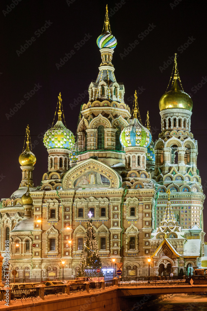 Church of the Savior on Blood in Russia, Saint Petersburg. Night time. Winter.