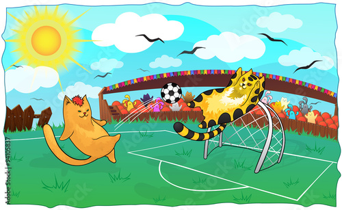 Vector illustration of cartoon cats playing soccer. Background with cute cats. Template for card.