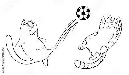 Vector illustration of cartoon cats playing soccer. Line art. Coloring book