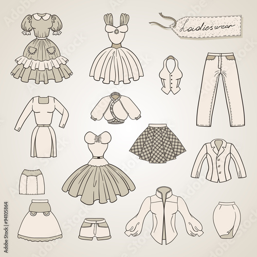 Set of ladies wear. Vector illustration. Set of women's casual clothes. Pants, shorts, singlet, sweater, jumper, jacket, jeans, dress, blouse, skirt. Hand drawn sketches of women's wear