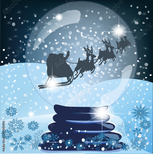 santa claus standing in snow globe, christmas card in blue night