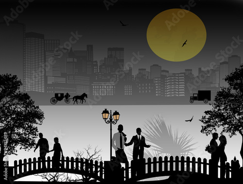 Beautiful cityscape and people silhouette