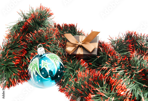 christmas tree toy, tinsel and gift box
