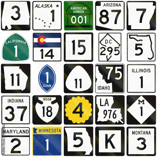 Collection of numbered road signs used in the USA